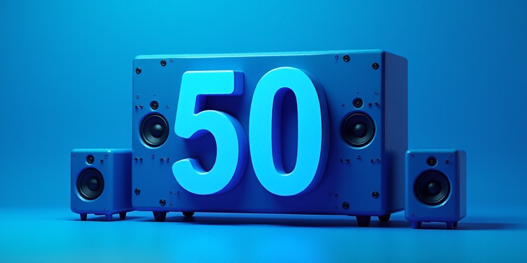 a blue background with a 50 sign and some speakers on it and a blue background with a blue backgroun