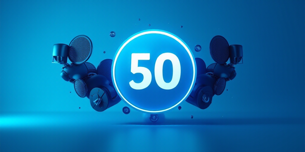 a blue background with a 50 sign and some speakers on it and a blue background with a blue backgroun