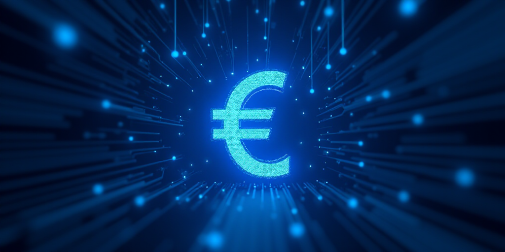 a blue background with a digital image of a euro sign on it and a circuit board in the background, A