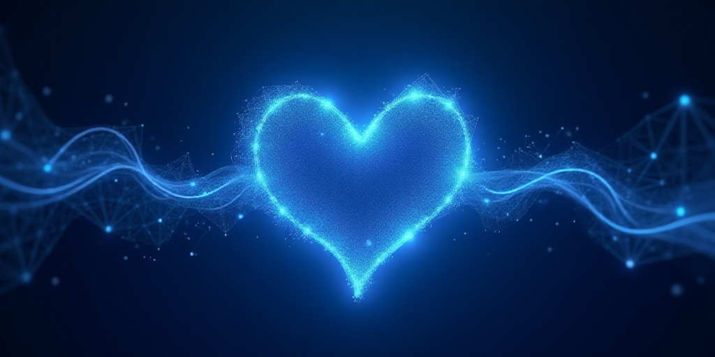 a blue background with lines and dots in the shape of a heart and a wave of light in the middle, Bee