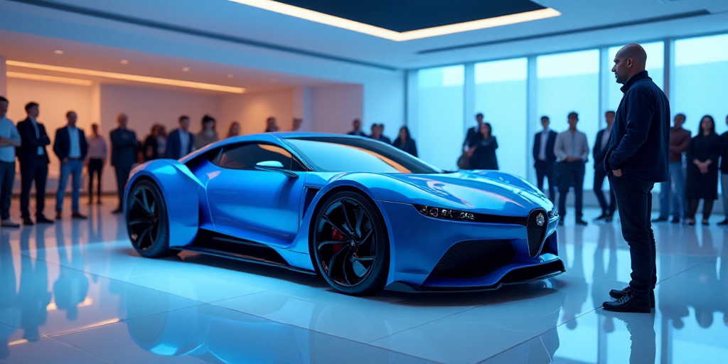 a blue car is on display at a showroom with people looking on and a man standing next to it, Dahlov