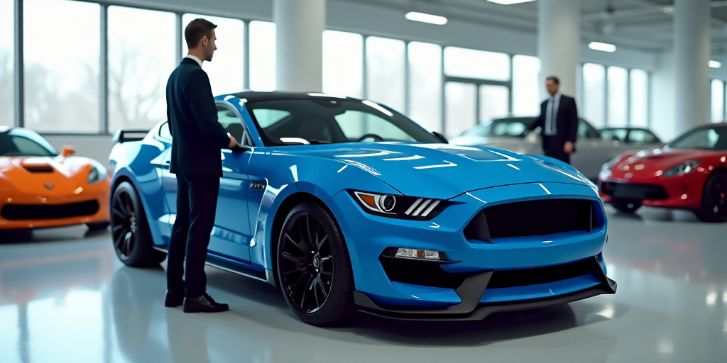 a blue car is parked in a showroom with other cars in the background and a man standing next to it,