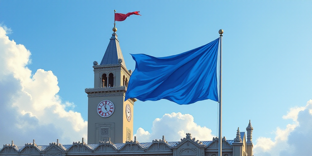 a blue flag flying in front of a tall building with a clock tower in the background and a flag on to