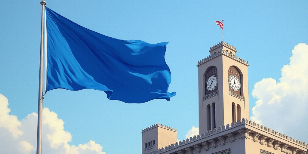 a blue flag flying in front of a tall building with a clock tower in the background and a flag on to