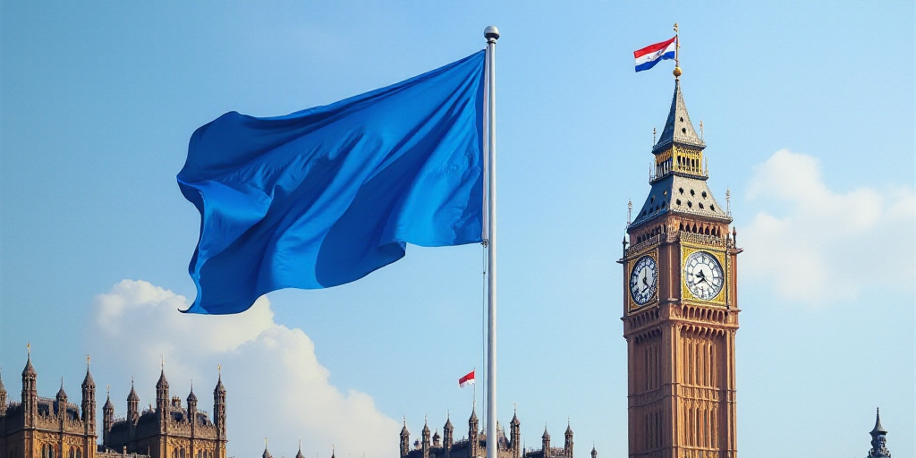 a blue flag flying in front of a tall building with a clock tower in the background and a flag on to