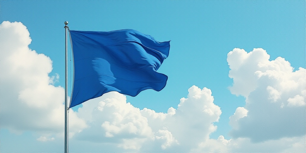 a blue flag flying in the wind under a cloudy sky with clouds in the background and a blue and white