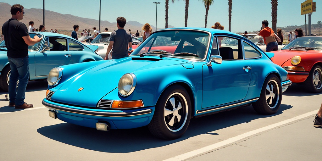 a blue porsche cayen is parked in a lot with other cars in the background and people standing around