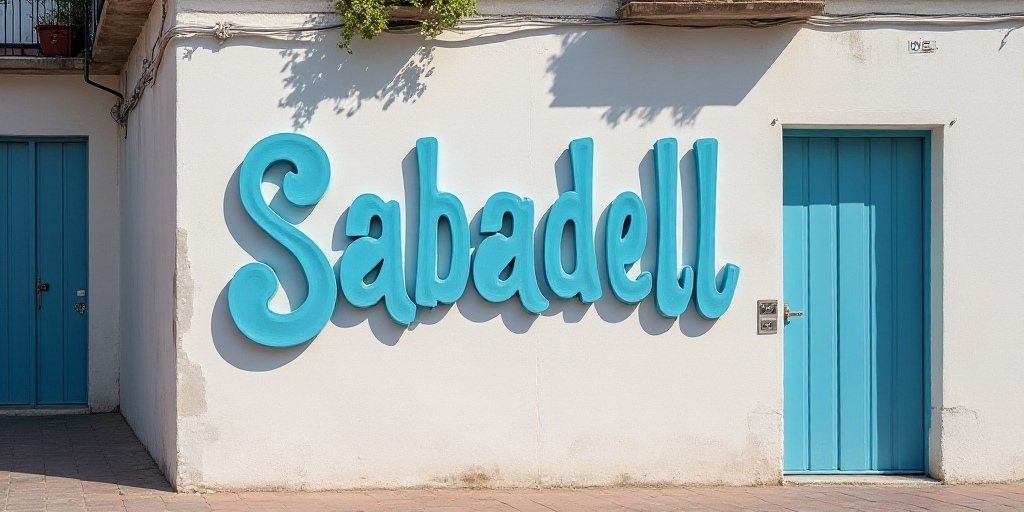 a blue sign that says sabadelll on it's side of a building with a door, Carles Delclaux Is, behance