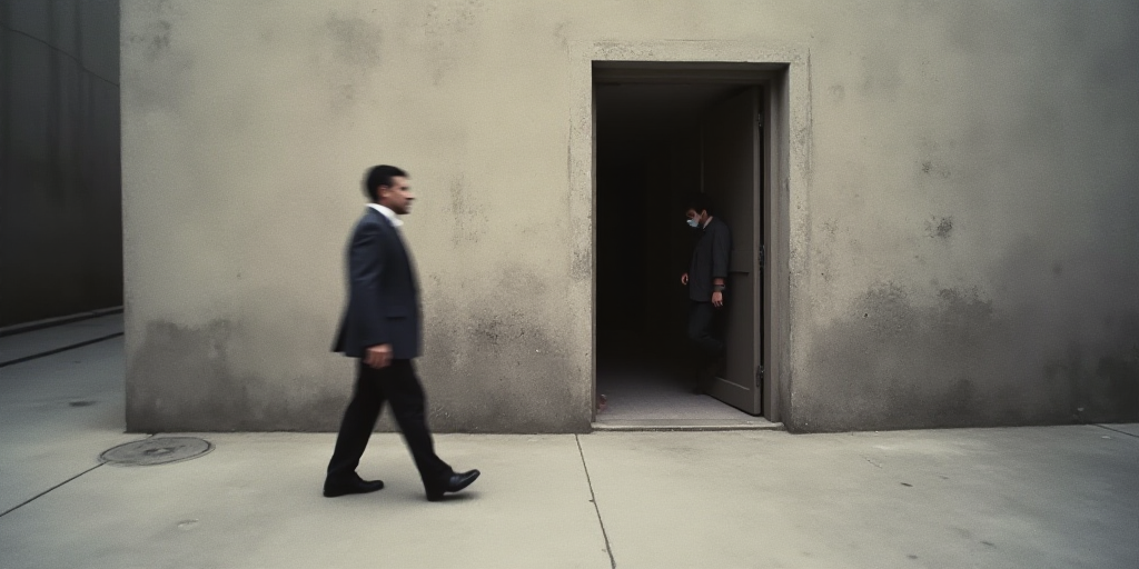 a blurry photo of a building with a person walking in front of it and a person walking out of the do