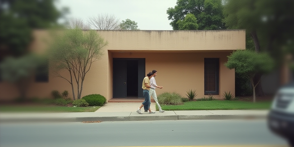 a blurry photo of a building with a person walking in front of it and a person walking out the front