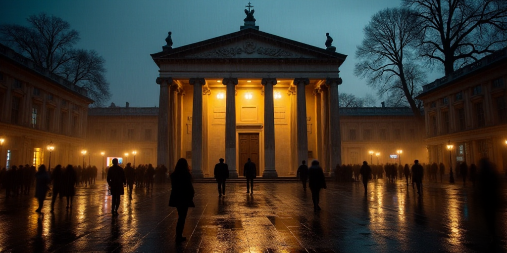 a blurry photo of a building with columns and people walking in the rain outside it at night time, C
