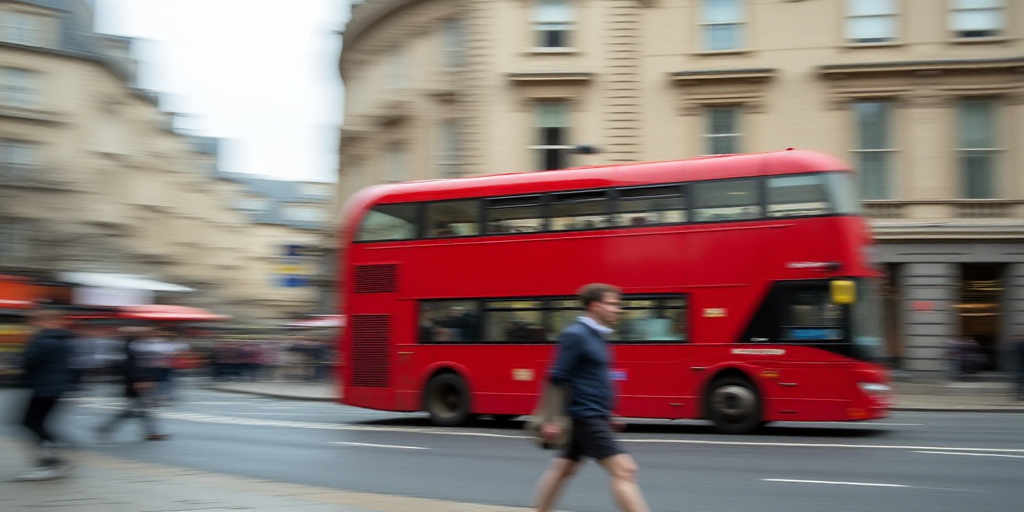 a blurry photo of a red double decker bus on a city street with pedestrians and pedestrians walking