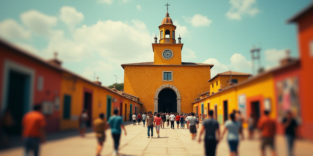 a blurry photo of people walking in front of a building with a clock tower on top of it, David Alfar