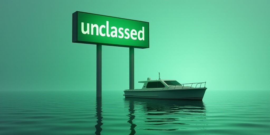 a boat is in the water and a boat is in the water with a green sign above it that says unclasssed, D