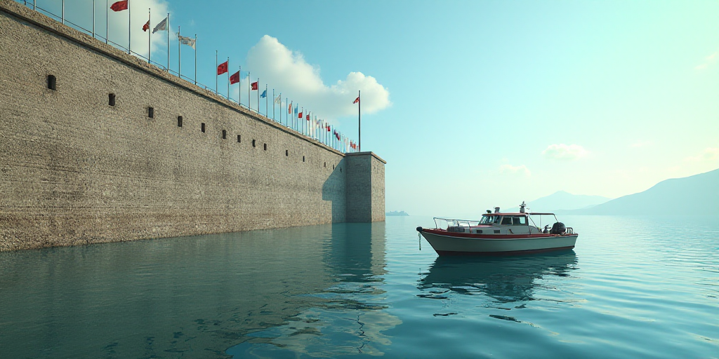 a boat is in the water near a wall and a wall with flags on it and a flagpole, Aquirax Uno, vfx, a d