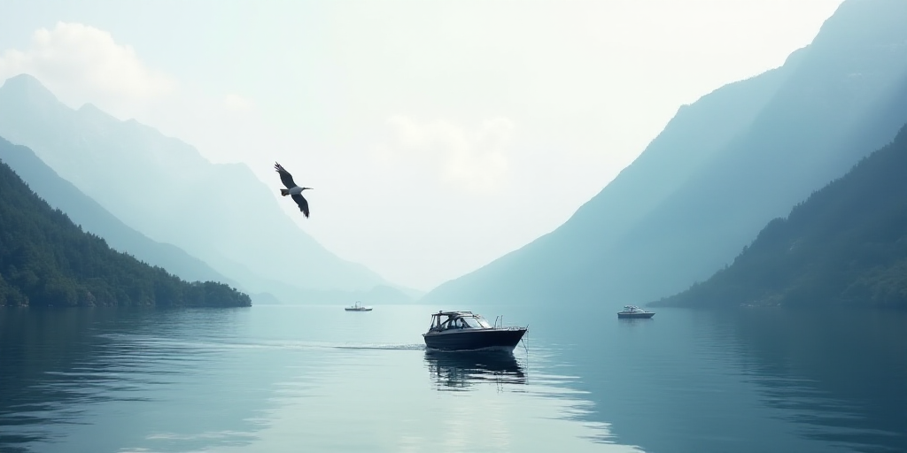 a boat is out on the water near mountains and a bird flying over it in the distance, with a bird fly