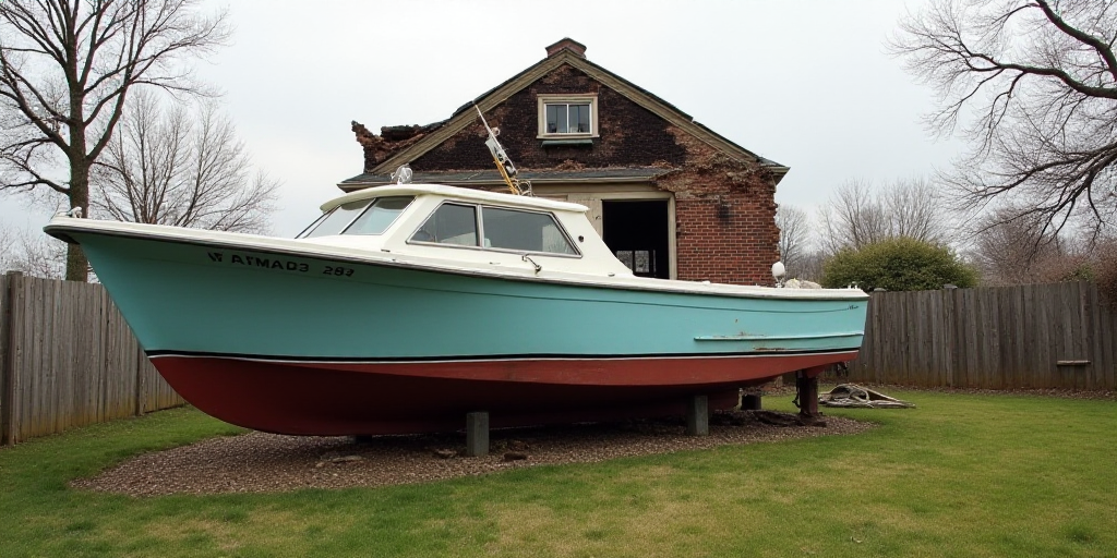 a boat is sitting on the ground in a yard with a fence and a building in the background that has bee