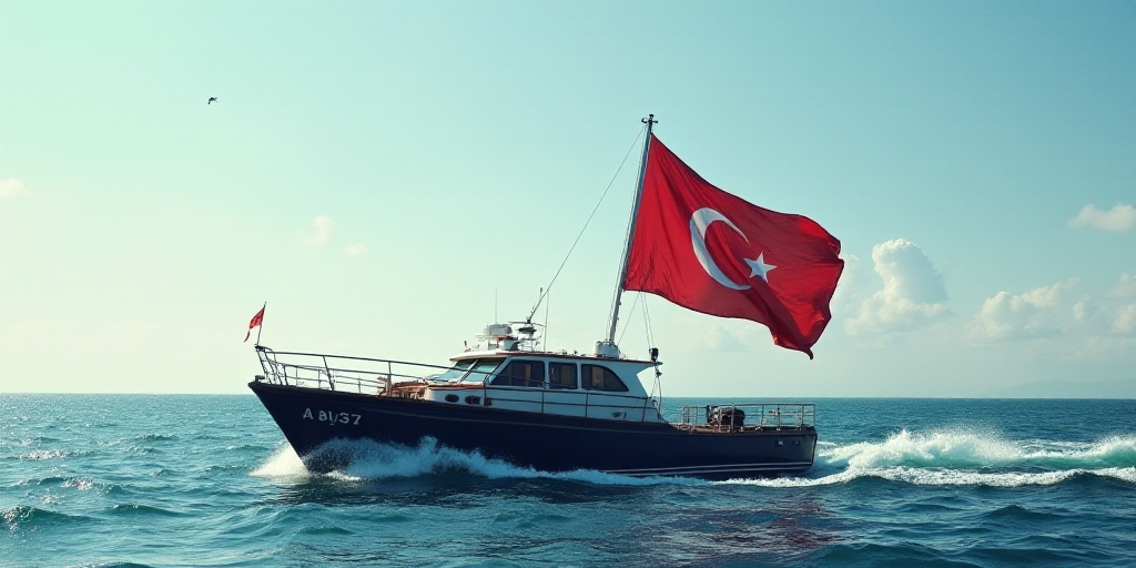 a boat with a flag is in the water with a flag flying in the wind and a boat with a flag in the wate