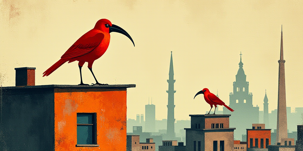a book cover with a bird on top of a building and a red bird on top of a building, Arturo Rivera, bo