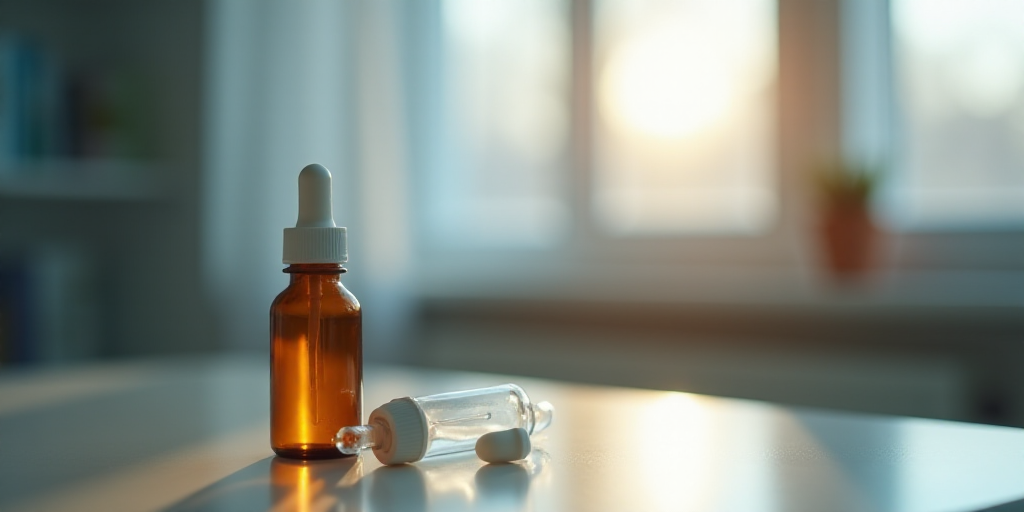 a bottle of medicine sitting on a table with a blurry background of the bottle and the medicine bott