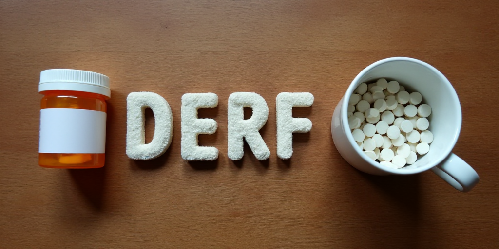 a bottle of pills and a cup of pills on a wooden table with the letter d spelled out in the middle,
