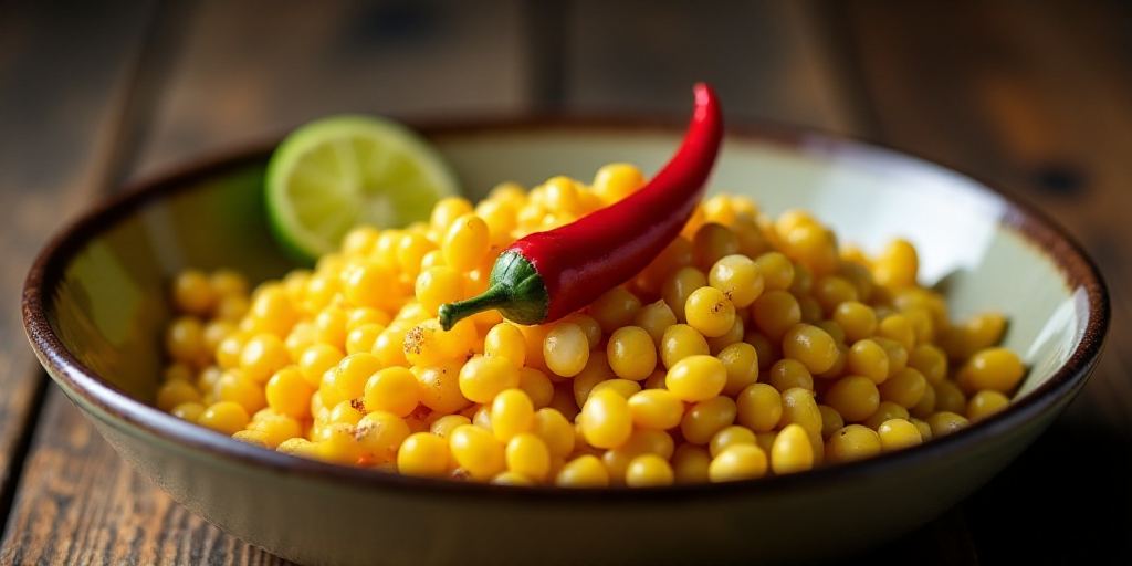 a bowl of corn with a red chili on top of it and a lime slice on the side of the bowl, Altichiero, f