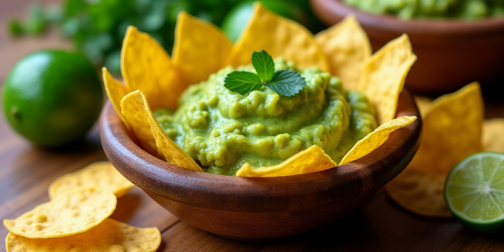 a bowl of guacamole surrounded by chips and limes on a table with a lime and an avocado, Aquirax Uno