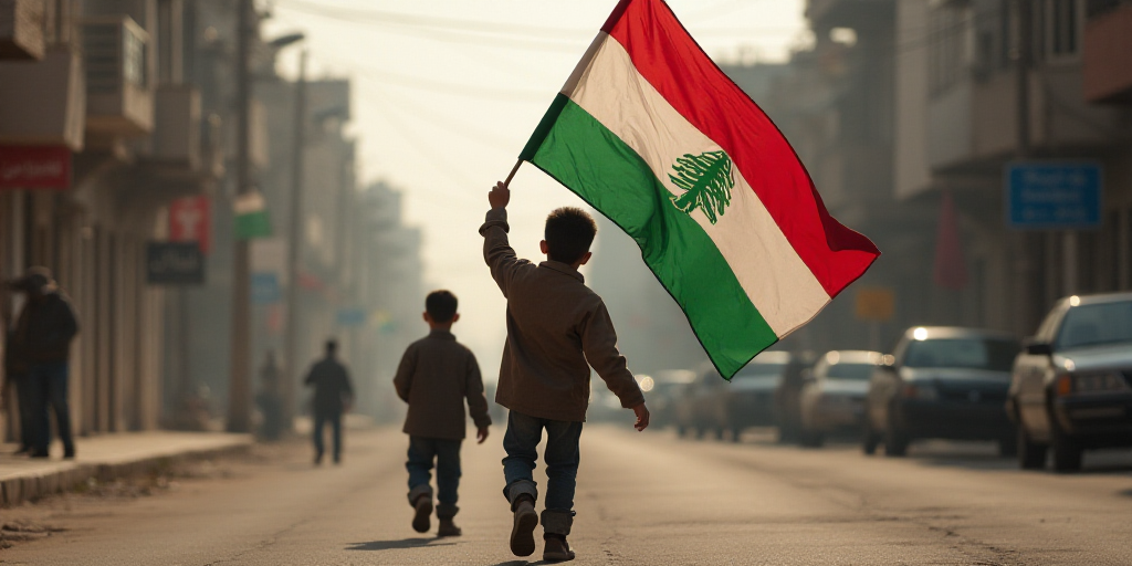 a boy holding a flag in the street with another boy walking by him and a flag in the background, Abd
