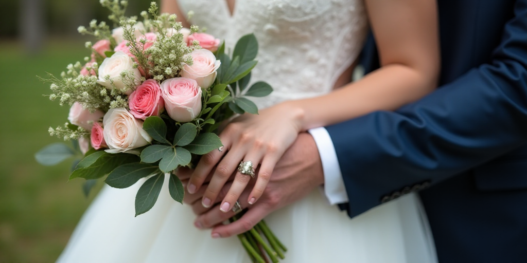 a bride and groom holding hands with a bouquet of flowers on their wedding day, while the bride wear