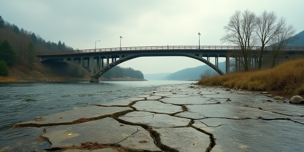 a bridge over a river with a cracked ground in front of it and a few trees in the background, Andrie