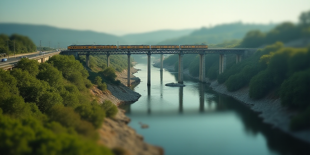 a bridge over a river with a train on it's tracks above the water and a highway going over it, Almad