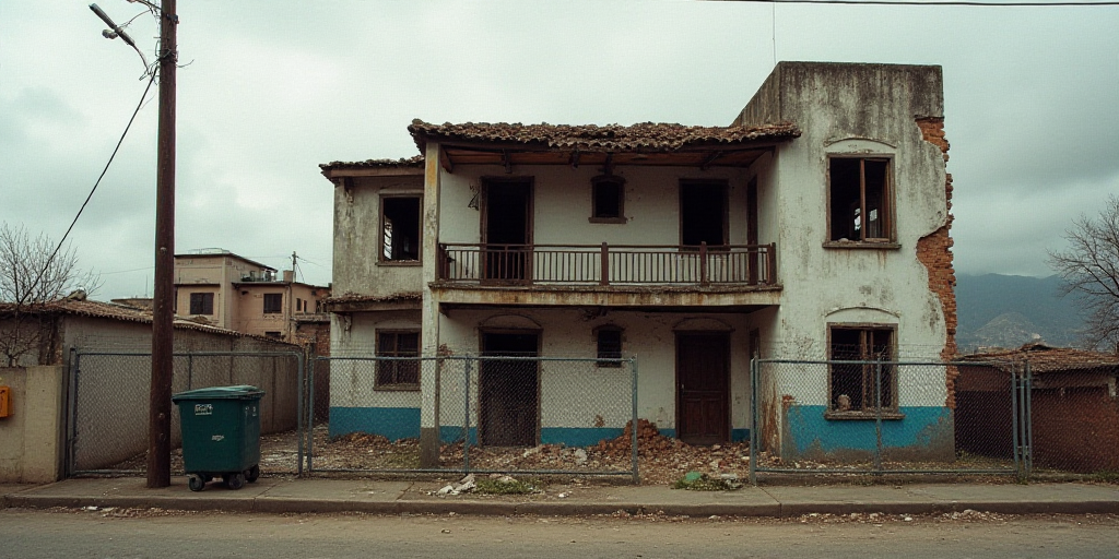 a building that has been demolished and is next to a fence and a trash can in front of it, Estuardo