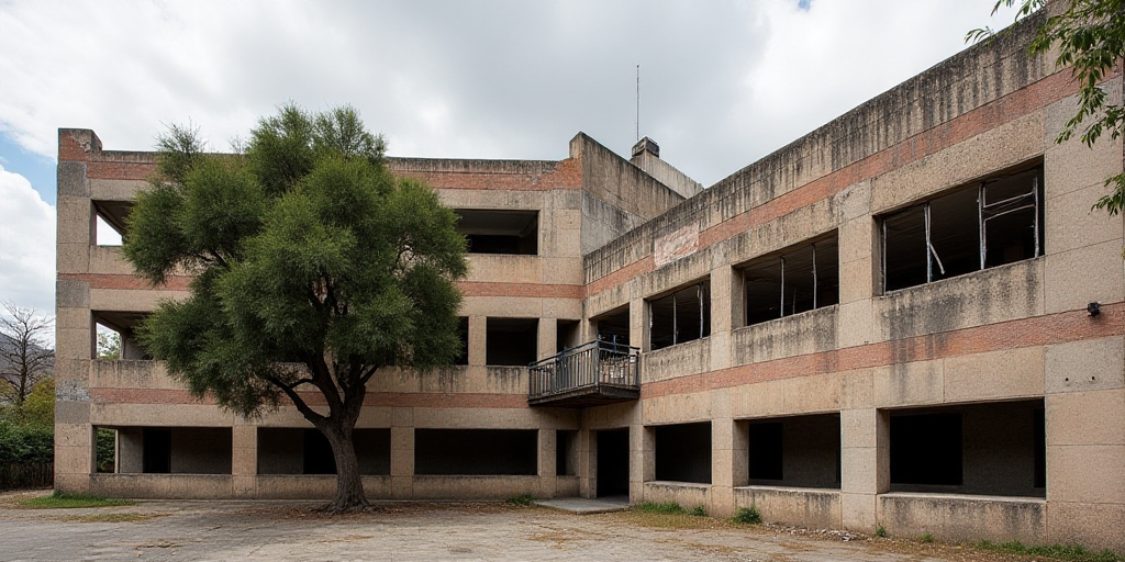 a building with a bunch of windows and a broken down window in front of it and a tree in front of it