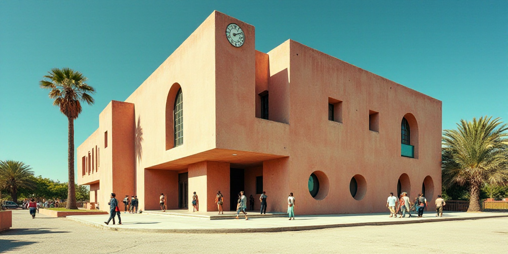 a building with a clock on the side of it and people walking by it on a sunny day with a blue sky, D