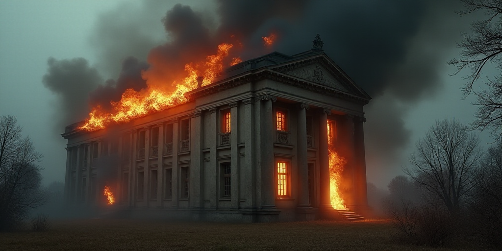 a building with a fire coming out of it's windows and a black smoke billowing out of the windows, An