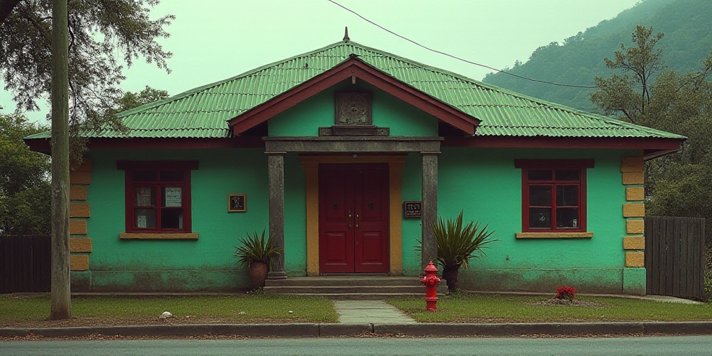 a building with a green roof and a red fire hydrant in front of it and a red fire hydrant in front o