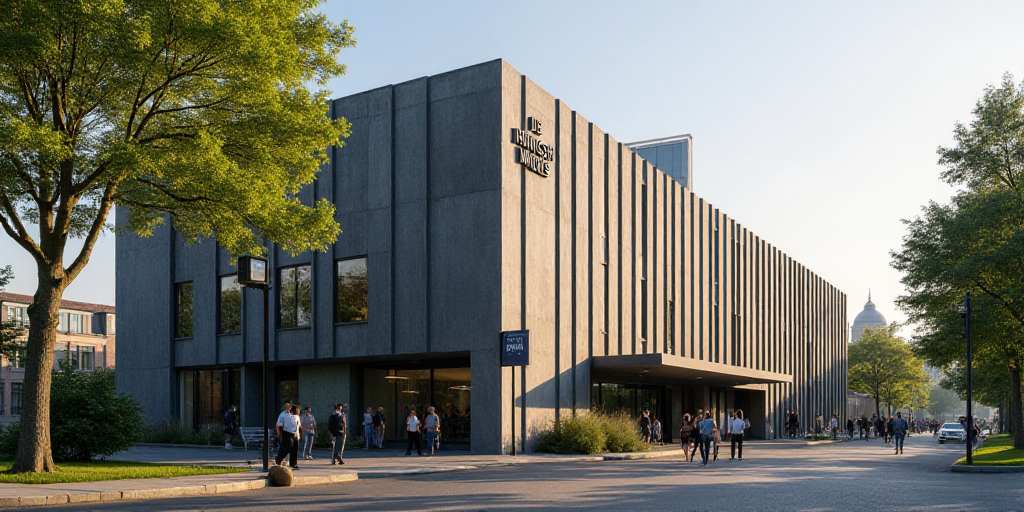 a building with a large sign on the side of it's side walk next to trees and people, De Hirsh Margul