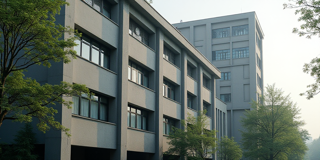 a building with a lot of windows and a clock on it's side and a tree in front of it, Cui Bai, mesh w