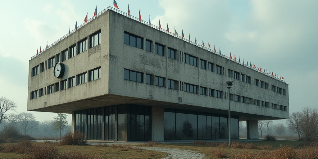 a building with a lot of windows and a clock on it's side and a lot of flags on the outside of it, A