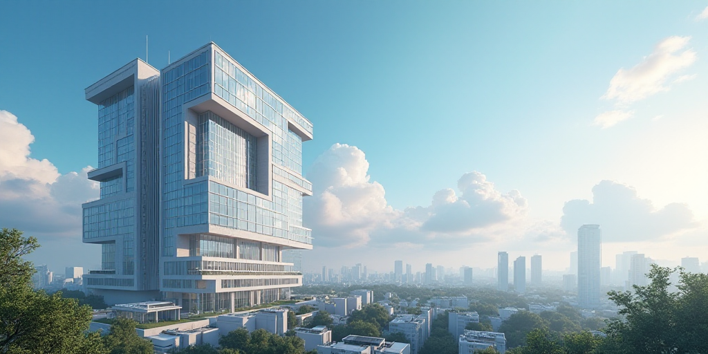 a building with a lot of windows and a sky background with clouds in the background and a few buildi