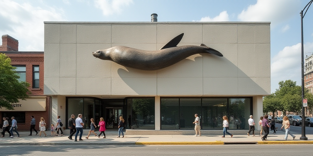 a building with a seal on the side of it and people walking by it on the sidewalk below it, Evelyn A