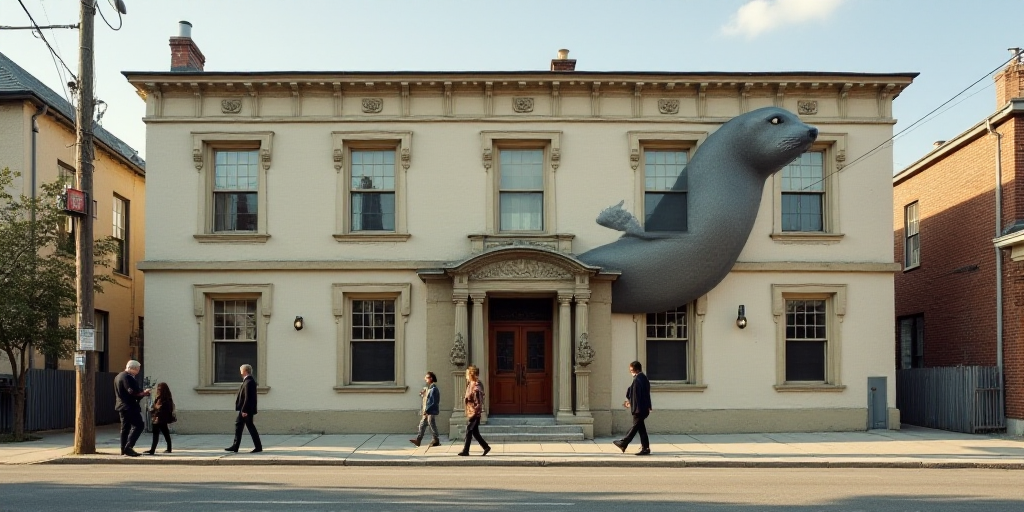 a building with a seal on the side of it and people walking by it on the sidewalk below it, Evelyn A