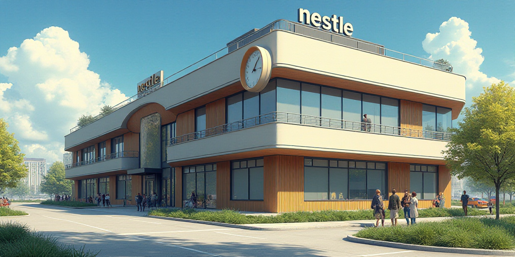 a building with a sign that says nestle on it's side and a clock on the side of the building, Enguer