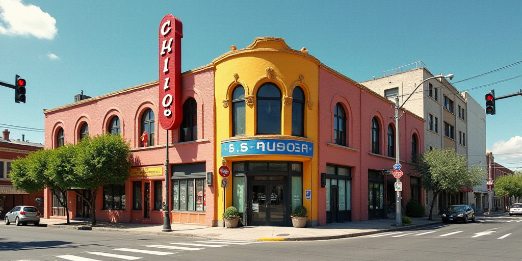 a building with a sign that says chicq on it and a stop light in front of it, David Alfaro Siqueiros