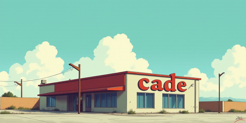 a building with a sign that says cade on it's side and a sky background with clouds, Caesar Andrade