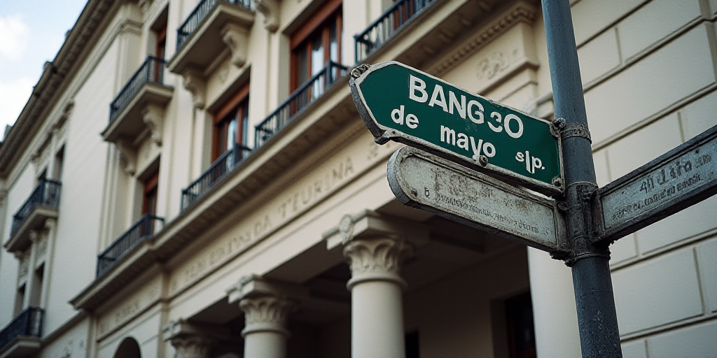 a building with statues on the front of it and a street sign in front of it that says banco de mayo,