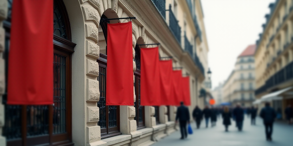 a building with three red banners hanging from the side of it's front entrance and people walking by