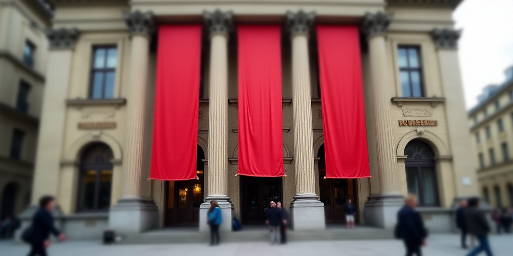 a building with three red banners hanging from the side of it's front entrance and people walking by