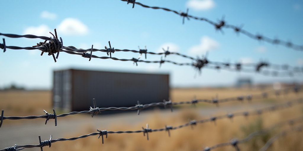 a bunch of barbed wire with a container in the background on a sunny day with a blue sky in the back