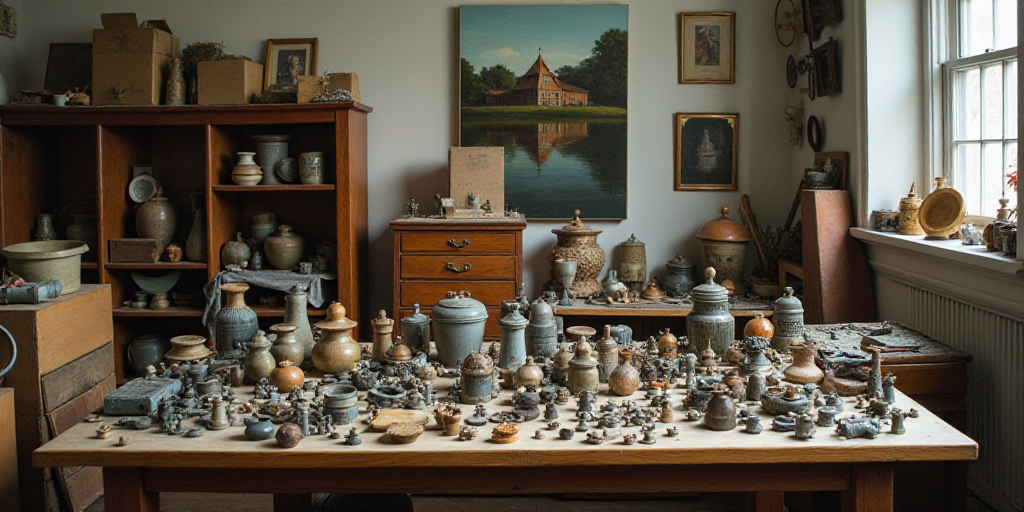 a bunch of different types of parts on a table in a room with boxes and a mirror on the wall, Andrie
